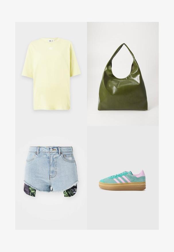 Lichtgele Adidas T-shirt met korte mouwen en een klein wit trefoil-logo in het midden nabij de hals.; Lichte blauwe denimshorts met een rafelzoom en kleurrijke patroonstoffen aan de zijkanten, voorzien van stedelijke beelden en texturen.; adidas Originals GAZELLE BOLD - Sneakers laag - powder teal/bliss lilac/pure teal; Groene leren hobotas met een slordig ontwerp, gebogen handvat en een gladde textuur. Bevat geen zichtbare hardware of accenten.