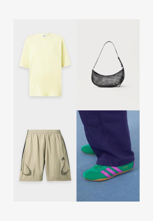 Camiseta de Adidas de color amarillo claro, con mangas cortas y pequeño logo trefoil blanco en el centro cerca del escote.; Pantalones cortos deportivos color beige claro hechos de tela ligera, con franjas laterales verde oscuro, cintura elástica y detalles con el logo.; Zapatillas deportivas de ante verdes y moradas con tres franjas de acento y suela de goma, combinadas con pantalones morados, sobre una superficie azul suave.; Pequeño bolso de hombro negro de malla con forma de media luna y correa fina ajustable, sobre un fondo claro y liso.