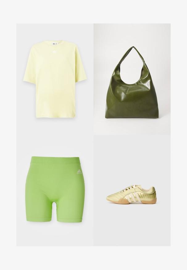 Vaaleankeltainen Adidas T-paita, jossa on lyhyet hihat ja pieni valkoinen trefoil-logo keskellä lähellä kaula-aukkoa.; Vihreät urheilushortsit, jotka on valmistettu joustavasta kankaasta, jossa on keskikorkea vyötärö ja Adidas-logo etupuolella oikealla puolella.; Limenvihreä synteettinen urheilukenkä, jossa on sileä pinta, kolme valkoista raitaa, pehmeä sisävuori ja kuvioitu kumipohja.; Vihreä nahkainen hobo-laukku, jossa on löysä muotoilu, kaareva kahva ja sileä pinta. Ei sisällä näkyvää metalliosia tai yksityiskohtia.