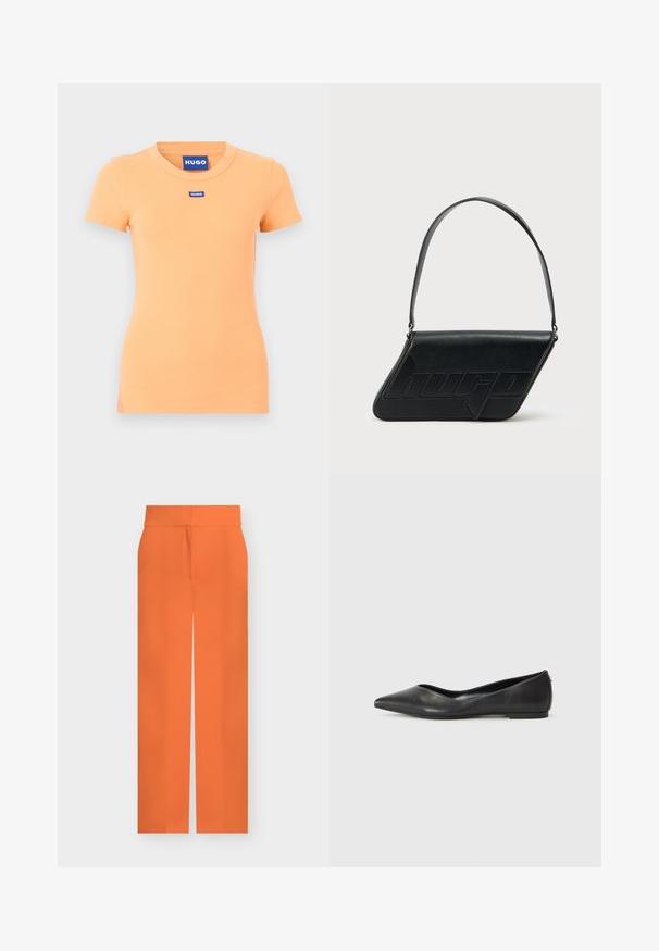 Strak zittend zalmkleurig geribd shirt met korte mouwen, ronde halslijn en kleine blauwe Hugo-logo labels midden op de borst en aan de binnenkant van de kraag.; Broek met rechte pijpen en hoge taille in effen feloranje met een verborgen voorvaksluiting op een effen lichte achtergrond.; Zwarte leren ballerina met een spitse neus, lage hak en een gladde structuur. Minimalistisch ontwerp met een subtiele zijaccent.; Zwarte leren schoudertas met een driehoekige vorm, geperst logo en een enkele verstelbare riem. Minimalistisch ontwerp met een gladde textuur.