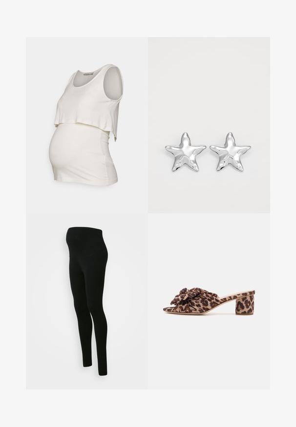 Anna Field MAMA Débardeur - white; Leggings de maternité noirs avec une taille haute et un soutien optimal, texture lisse, design ajusté, sans motifs ni embellissements visibles.; Mules à talons en imprimé léopard avec un dessus plissé et un accent floral. Design à bout ouvert et un talon moyen épais avec un motif texturé.; Boucles d'oreilles argentées en forme d'étoile, avec une surface lisse et brillante. Chaque boucle d'oreille possède cinq pointes et des détails subtils de texture de surface.