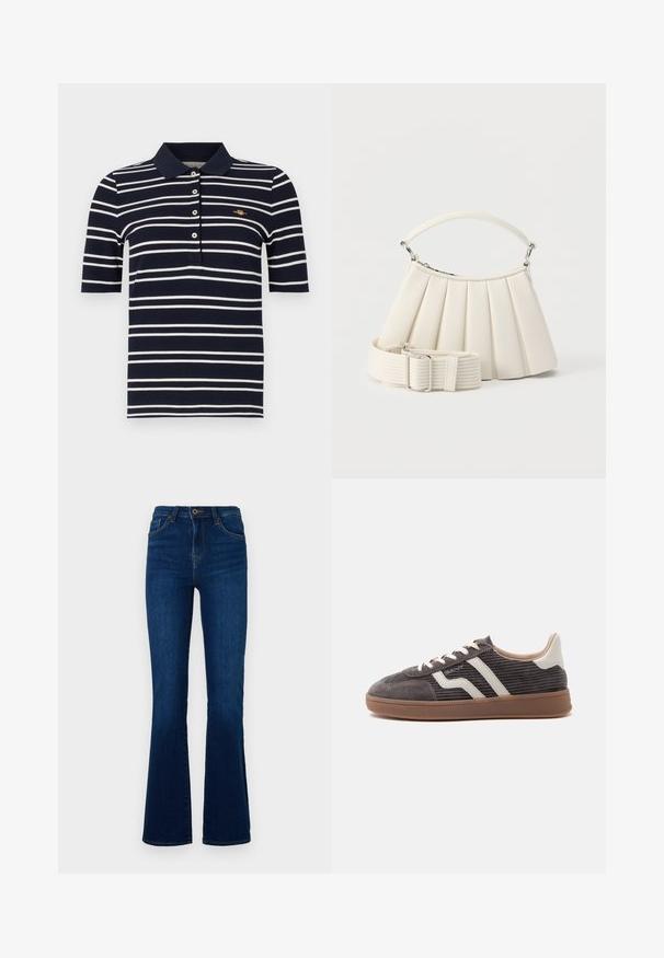 Marineblauw en witte gestreepte poloshirt met korte mouwen, drie knopen en een klein gouden logo op de borst; katoenen stof met een gemêleerde afwerking.; Donkerblauwe flared jeans van denim met een hoge taille, voorzien van voorzakken, een ritssluiting en subtiele stikseldetails.; Enkele donkergrijze sneaker met witte leren accenten, getextureerde zijkanten, witte veters en een bruine rubberen zool, in profiel weergegeven tegen een effen achtergrond.; Witte geplooide handtas met korte handgreep en een brede afneembare schouderriem met zilveren gesp.