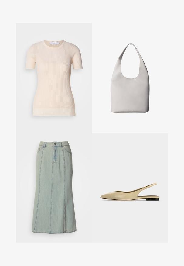 Haut court à rayures crèmes avec un col rond. Fabriqué à partir d'un matériau doux, il présente une silhouette ajustée et une texture subtile. Étiquette DKNY visible.; Jupe midi en denim bleu clair avec bouton sur le devant, fermeture éclair, passants de ceinture et détails de couture verticaux.; Chaussure plate beige à bout pointu avec bride arrière, petit talon noir et finition en cuir lisse, vue de côté sur un fond uni.; Sac fourre-tout en cuir blanc avec une bandoulière unique, texture douce et logo discret Calvin Klein près du centre en bas.