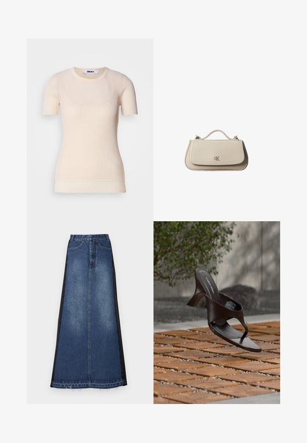 Creme ribbet kortærmet top med rund hals. Fremstillet af et blødt materiale, som har en tætsiddende pasform og en subtil tekstur. DKNY mærket synligt.; Maxi nederdel i denim med en blå hovedfarve og sorte sidepaneler, lige pasform, frynset kant og klassisk femlomme-design.; Brun Calvin Klein hælet thong sandal svævende over træflise og grus udendørs med sløret grønt og stenmur i baggrunden.; Lille beige læderhåndtaske med top håndtag og sølv CK-logo på frontklap, vist mod en hvid baggrund.