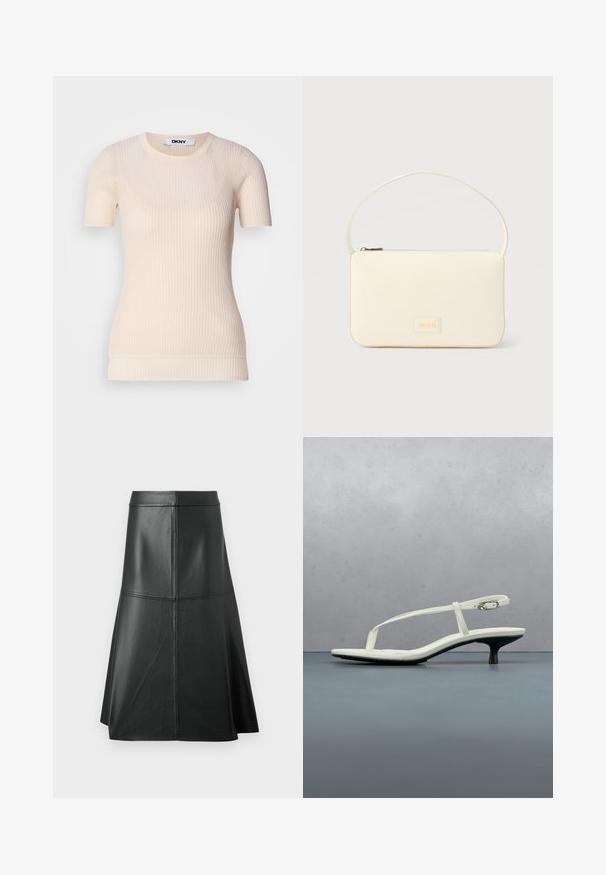 Top corto de manga corta de color crema con escote redondo. Fabricado en un material suave, presenta una silueta ajustada y una textura sutil. Etiqueta de DKNY visible.; Falda de cuero negro en forma de A, con textura suave, longitud a mitad de la pantorrilla, presenta detalles de costura horizontal en la cintura y las costuras para mayor estructura.; Sandalia blanca de tacón kitten con tiras y punta afilada, flotando sobre un suelo de baldosas de madera al aire libre, con un fondo desenfocado de plantas y pared.; Bolso rectangular color crema con una sola correa y cremallera superior, con una pequeña placa de logotipo en relieve en el frente.