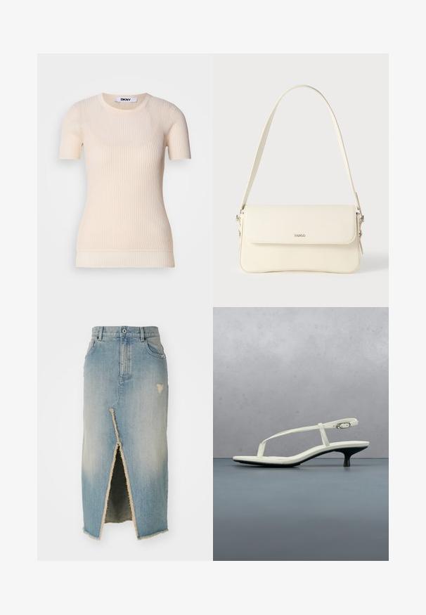 Creme ribbet kortærmet top med rund hals. Fremstillet af et blødt materiale, som har en tætsiddende pasform og en subtil tekstur. DKNY mærket synligt.; Denim nederdel, lyseblå, midtlængde med frayed kant. Har en frontslids og slidte detaljer nær taljen og kanten.; Hvid sandal med stropper og kitten-hæl med spids tå, svævende over et trægulv udendørs med en sløret plante og væg i baggrunden.; Cremefarvet læder skuldertaske med flaplukning, sølvfarvet beslag, en enkelt justerbar rem og diskrete logodetaljer.
