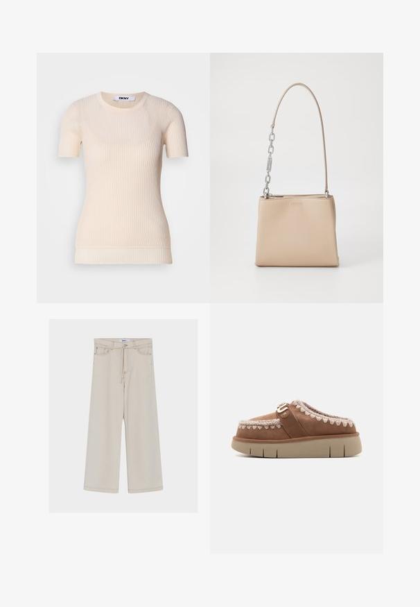 Crème ribfluwelen top met korte mouwen en een ronde halslijn. Gemaakt van een zachte stof, met een getailleerde pasvorm en een subtiele textuur. DKNY-label zichtbaar.; Beige wijde broek met hoge taille, voorzien van een trekkoordsluiting, voorzakken en contrasterende stiksels.; Bruine leren instapper met een beige rubberen zool, contrasterend gevlochten detail op de bovenkant en een decoratieve gesp-accent.; Beige leren handtas met een gladde textuur, voorzien van een zilveren kettingaccent op het handvat en een ritssluiting. "HUGO" is op de voorkant hotstempeld.