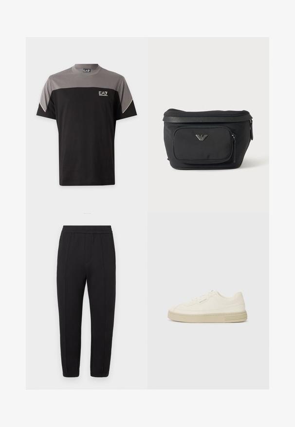 Schwarzes und graues EA7 Emporio Armani T-Shirt mit kurzen Ärmeln, Logo auf der Brust und weißem Saum an den Ärmeln.; Schwarze Jogginghosen mit elastischem Bund, zulaufendem Bein, vorderen Falten, Seitentaschen und elastischen Bündchen an den Knöcheln.; Weiße Leinen-Sneaker mit einer strukturierten Gummisohle, die eine gestickte Zehenkappe und ein Logo-Detail an der Ferse aufweisen. Einfaches Schnürdesign.; Schwarze Bauchtasche mit Frontreißverschlusstasche und silbernem Adlerlogo, glattes Gewebe mit strukturiertem Besatz und Reißverschlussanhängern.