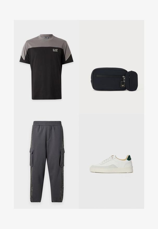 Čierno-šedé tričko s krátkym rukávom EA7 Emporio Armani s logom na hrudi a bielym lemom na rukávoch.; Šedé teplákové nohavice vyrobené z jemnej tkaniny, s cargo vreckami a vzorovaným bočným panelom pre pridanie detailu. Zahrnutý elastický pás.; Biele tenisky s semišovými akcentmi, zaoblenou špičkou, plochými šnúrkami a krémovou gumovou podrážkou. Na päte sú zelené značky.; Čierne obdĺžnikové púzdro s predným zipsom a malým pripevneným zaobleným púzdrom na jednoduchom svetlom pozadí.