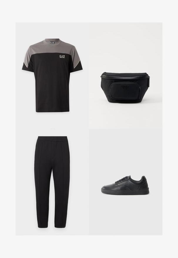 Sort og grå EA7 Emporio Armani T-shirt med korte ærmer, logo på brystet og hvid kant på ærmerne.; Sorte joggingbukser med elastisk taljebånd, konisk benindretning, frontplisseringer, sidelommer og elastiske manchetter ved anklerne.; Sorte lædersneakers med en glat finish, rund tå, struktureret sidelæder og sorte snørebånd. Har en flad gummisål og et minimalistisk design.; Sort nylon taske med en frontlomme med lynlås, der har en glat overflade og et logo som accent. Struktureret design med fold-over top.