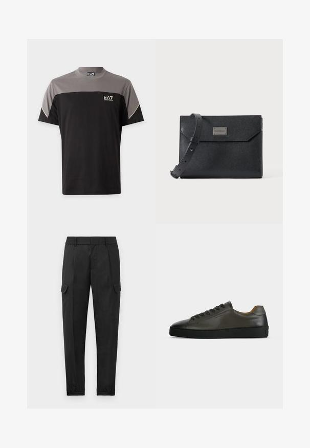 Sort og grå EA7 Emporio Armani T-shirt med korte ærmer, logo på brystet og hvid kant på ærmerne.; Sorte cargo bukser med elastisk talje, tapered ben, sidelommer og en enkelt cargo lomme på venstre lår. Glat tekstur.; Lavtskåret mørkegrå læder sneaker med sorte snørebånd og sål, minimalistisk design, sideprofil på en ensfarvet lys baggrund.; Sort struktureret læder crossbody taske med justerbar rem og metal logo plade foran, rektangulært konvolutlåg.