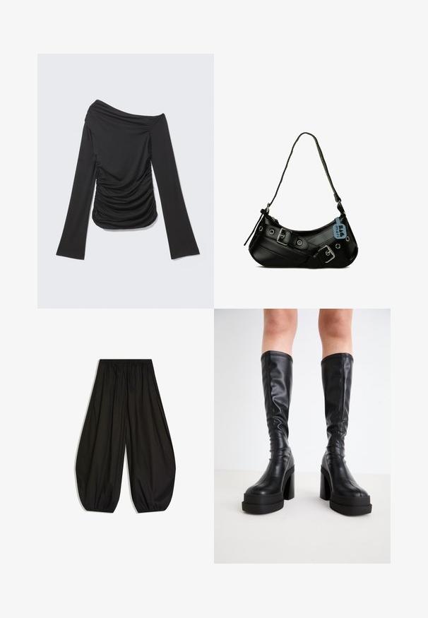 Sort langærmet top med asymmetrisk off-shoulder halsudskæring og rynkede detaljer på siderne og foran.; Løse sorte bukser med indsamlet elastisk talje og elastiske manchetter, der skaber en ballon-silhuet.; Sorte knælange støvler i glat læder, med en tyk platform og blokhæle, samt stikninger langs kanterne.; Sort syntetisk håndtaske med en buet form, justerbar rem og dekorative metalspænder. Har en glat, blank tekstur.