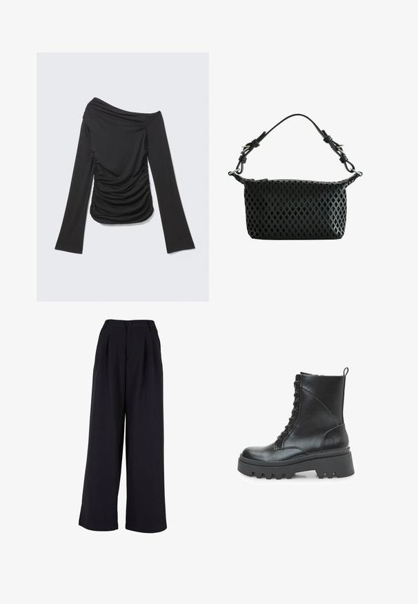 Zwarte top met lange mouwen, asymmetrische off-shoulder halslijn en geplooide details aan de zijkanten en voorkant.; Zwarte wijde broek van stof, met voorplooien, een knoopsluiting en een zachte textuur. Tailored design met een hoge taille.; Zwarte leren enkellaars met vetersluiting, dikke plateauzool en textuurdetails aan de zijkanten. Voorzien van een lus aan de achterkant.; Zwarte handtas met diamantgeslepen patroon en verstelbare geknoopte band met zilverkleurige metalen hardware en ritssluiting aan de bovenkant.