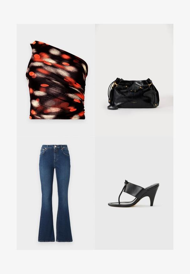 Top negro de un solo hombro con patrones abstractos en naranja, rojo y blanco punteados. Hecho de una tela texturizada y elástica; presenta detalles fruncidos.; CLOSED JOVANNA - Vaqueros a campana - dark blue; Sandalia de tacón alto negra con una amplia tira frontal y un lazo para el dedo con un detalle de cordón anudado, mostrada de perfil sobre un fondo blanco.; Bolso de mano de piel negra con asa anudada y herrajes dorados, con correa de hombro desmontable y textura sutil en relieve.