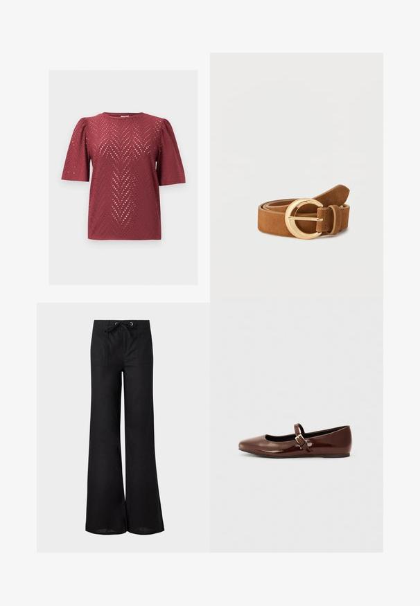 Burgundy kortærmet bluse med chevron-udskæringsmønster og let oppustede skuldre, lagt fladt på en ensfarvet baggrund.; Sorte vidde bukser med forlommer i lap-stil og en snøre i taljen med metaløjer på en hvid baggrund.; Brun patentlæder balletflade med firkantet tå og strop med en lille guldbuckle. Glat tekstur, lav hæl og minimalistisk design.; Brunt ruskind bælte rullet med rund, skinnende guldlås på hvid baggrund.