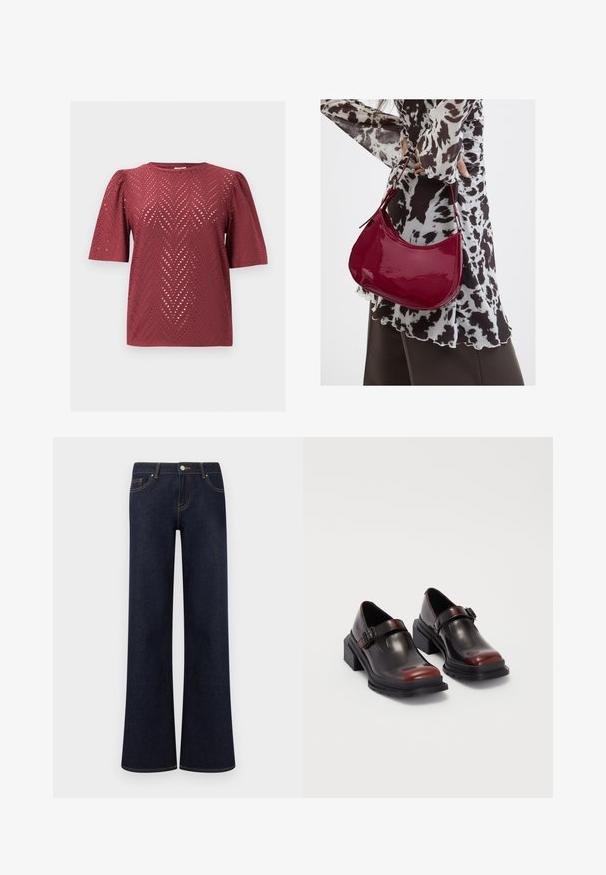 Bordeauxrote Kurzarmbluse mit Chevron-Ausschnittmuster und leicht gepolsterten Schultern, flach auf einem schlichten Hintergrund liegend.; Dunkelblaue Denim-Jeans mit weiter Beinform, vorne Taschen, Knopf- und Reißverschluss sowie sichtbaren Kontrastnähten.; Leder-Blockabsatzschuhe mit glänzender dunkelburgunderfarbener Oberfläche, ausgestattet mit einem Schnallenriemen und einem runden Zehendesign. Texturierte Außensohle für besseren Grip.; Frau trägt eine schwarz-weiß gemusterte Bluse und hält eine glänzende rote Schultertasche vor einem einfarbigen Hintergrund.