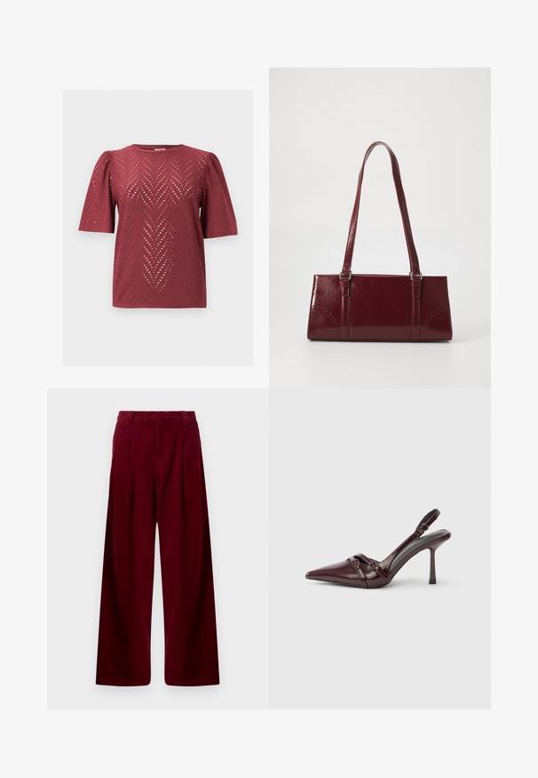 Blouse bordeaux à manches courtes avec motif découpé en chevron et épaules légèrement bouffantes, posée à plat sur un fond uni.; Pantalon en velours côtelé bourgogne à jambes larges, avec des plis avant et une texture lisse. Aucun matériel ou motif visible.; Escarpin slingback en cuir verni bordeaux avec bout pointu, fine bride à la cheville et petit détail décoratif de boucle. Texture lisse et talon haut.; Sac à main bordeaux en matériau brillant, de forme rectangulaire, avec deux anses et des accents légèrement courbés à l'avant.