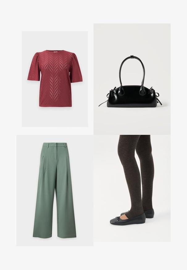 Blouse bordeaux à manches courtes avec motif découpé en chevron et épaules légèrement bouffantes, posée à plat sur un fond uni.; Pantalon taille haute à jambes larges en vert doux avec passants de ceinture, poches latérales et plis devant sur un fond clair.; Jambes portant des leggings côtelés foncés associés à des ballerines noires avec de petits détails en nœud sur fond blanc.; Petit sac à main noir brillant avec deux longues anses et des détails à cordon sur les côtés sur un fond clair uni.