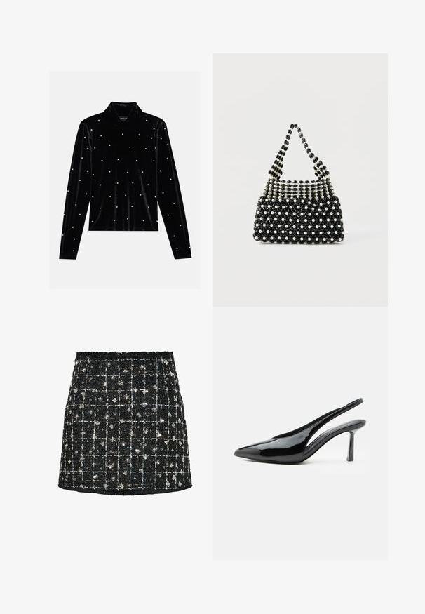 Zwart fluwelen langemouwen turtleneck top met parelverzieringen die gelijkmatig over het oppervlak verdeeld zijn. Zachte textuur en aansluitend ontwerp.; Zwarte tweed rok met een ruitpatroon, verfraaid met pailletten en kleine bloemaccenten, met een rafelige zoom en een aansluitend ontwerp.; Zwarte lakleren slingback hoge hak met spitse neus en smalle stilettohak op een witte achtergrond.; Zwart-witte met kralen versierde handtas met een kort hengsel, voorzien van afwisselend parelachtige en zwarte gefacetteerde kralen in een geruit patroon.