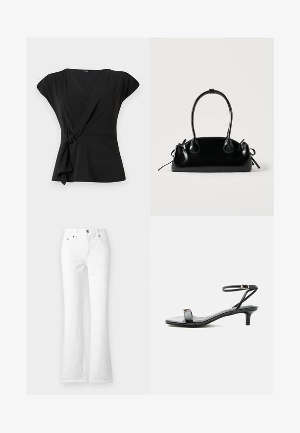 Haut noir à manches courtes, avec un détail noué à la taille et un tissu lisse et extensible. Design en V.; Jean en denim blanc évasé avec une taille haute, cinq poches et une fermeture à bouton. Le tissu a une texture lisse avec des coutures visibles.; Sandale noire en cuir à bout ouvert avec petit talon kitten, fine bride de cheville avec boucle dorée et accent décoratif doré sur la bride avant.; Petit sac à main noir brillant avec deux longues anses et des détails à cordon sur les côtés sur un fond clair uni.