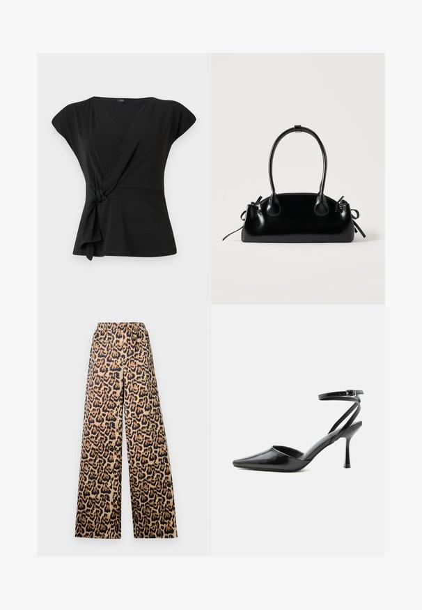 Sort indpakningsbluse med korte ærmer, der har en knude-detalje i taljen og et glat, stretchy stof. V-hals design.; Bredde bukser med leopardprint i beige og sort, med elastisk talje og en glat overflade.; Sort spids højhælet sko med tynde ankelremme og sølvspænde på en ensfarvet lys baggrund.; Lille sort blank håndtaske med to lange håndtag og snøre-detaljer i siden på en ensfarvet lys baggrund.