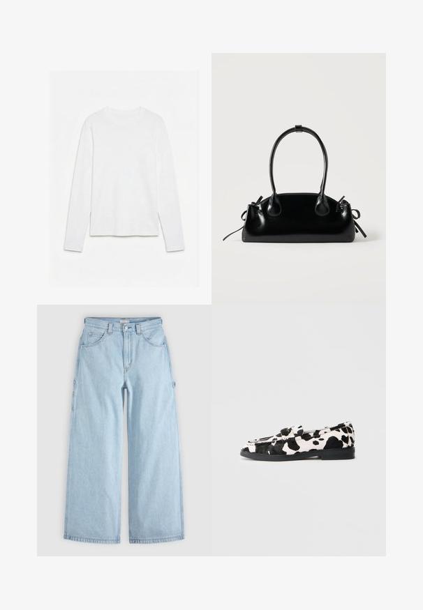T-shirt blanc uni à manches longues et col rond, posé à plat sur une surface blanche, montrant l'avant et la longueur complète des manches.; Jean en denim bleu clair à jambes larges avec poches avant, passants de ceinture et boucles latérales pour outils, posé à plat sur un fond gris.; Mocassins à imprimé vache noir et blanc avec une semelle en caoutchouc plate, présentant une texture lisse et un design à bout rond. Détail de sangle ajustable sur le dessus.; Petit sac à main noir brillant avec deux longues anses et des détails à cordon sur les côtés sur un fond clair uni.