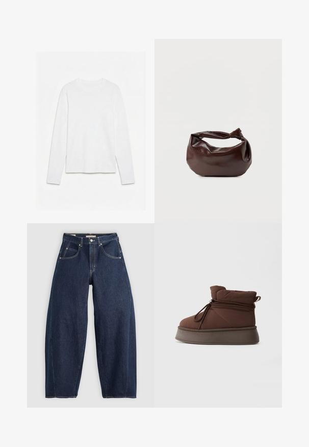 Helt hvid langærmet t-shirt med rund hals lagt fladt på en hvid overflade, der viser fronten og hele ærmelængden.; Mørkeblå denim jeans med løs pasform, lyse syninger, fem lommer og en knaplukning ved taljen.; Brun polstret vinterstøvle med tyk sål og snøre lukning mod en ensfarvet lys baggrund.; Mørkebrun læder skuldertaske med en blød, afslappet form og et snoet knudehåndtag på en ensartet hvid baggrund.
