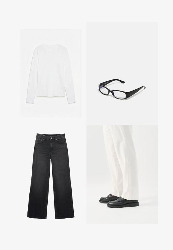 Schlichtes weißes Langarm-T-Shirt mit Rundhalsausschnitt, flach auf einer weißen Oberfläche liegend, Vorderseite und gesamte Ärmellänge sichtbar.; Schwarze Jeans mit weitem Bein und hoher Taille, vorne mit Knopf- und Reißverschluss, Gürtelschlaufen und Fünf-Taschen-Design.; Person trägt weiße, maßgeschneiderte Hose und schwarze Leder-Loafer und steht vor weißem Hintergrund.; Schwarze rechteckige Brille mit klaren Gläsern. Glänzende Oberfläche, schmale Bügel und lila Tönung an den Rändern der Gläser sichtbar.