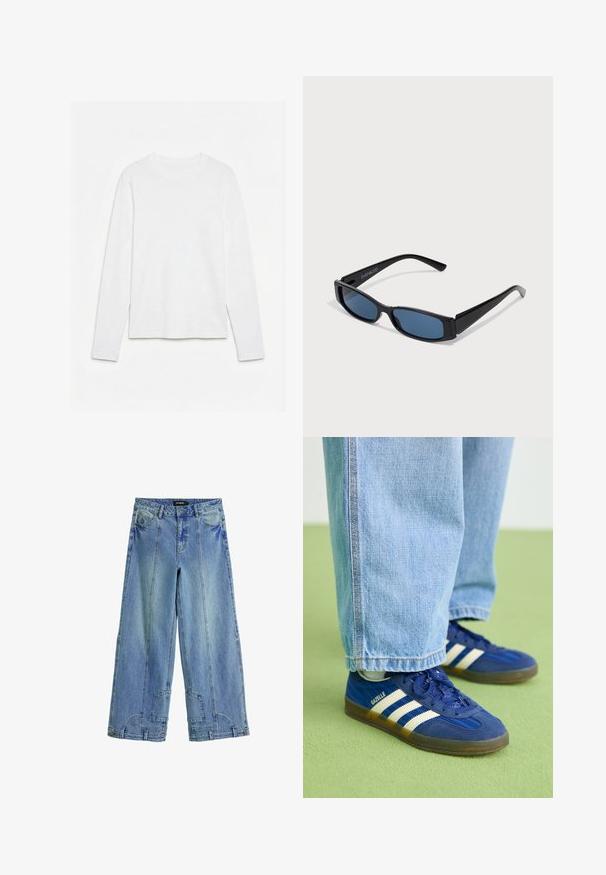 Helt hvid langærmet t-shirt med rund hals lagt fladt på en hvid overflade, der viser fronten og hele ærmelængden.; Lysblå, brede jeans i denim med høj talje, markante syninger og lappe-lignende detaljer på baglommerne.; Blå ruskindsneakers med hvide striber og teksturerede mønstre, båret med lyseblå denimbukser, sat mod en grøn baggrund.; Sorte solbriller med en slank rektangulær ramme og blå linser. Har en glat overflade og robuste stænger. Mærkets logo på siden.