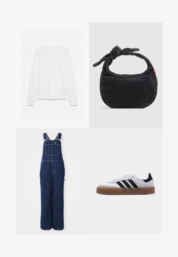Schlichtes weißes Langarm-T-Shirt mit Rundhalsausschnitt, flach auf einer weißen Oberfläche liegend, Vorderseite und gesamte Ärmellänge sichtbar.; Jeans-Overalls in Dunkelblau, mit verstellbaren Trägern, Brusttasche, Seitentaschen und einer lockeren, weiten Passform. Klassische Nähdetails.; Weiße Leder Sneakers mit schwarzen Streifen, Gummigummi-Außensohle, runder Zehenform, Schnürverschluss und weichem grauem Wildleder-Zehenkappe.; Kleine schwarze Jeans-Umhängetasche mit geknotetem Riemen und Reißverschluss, mit einem roten Levi's Stoffetikett an der Seite.