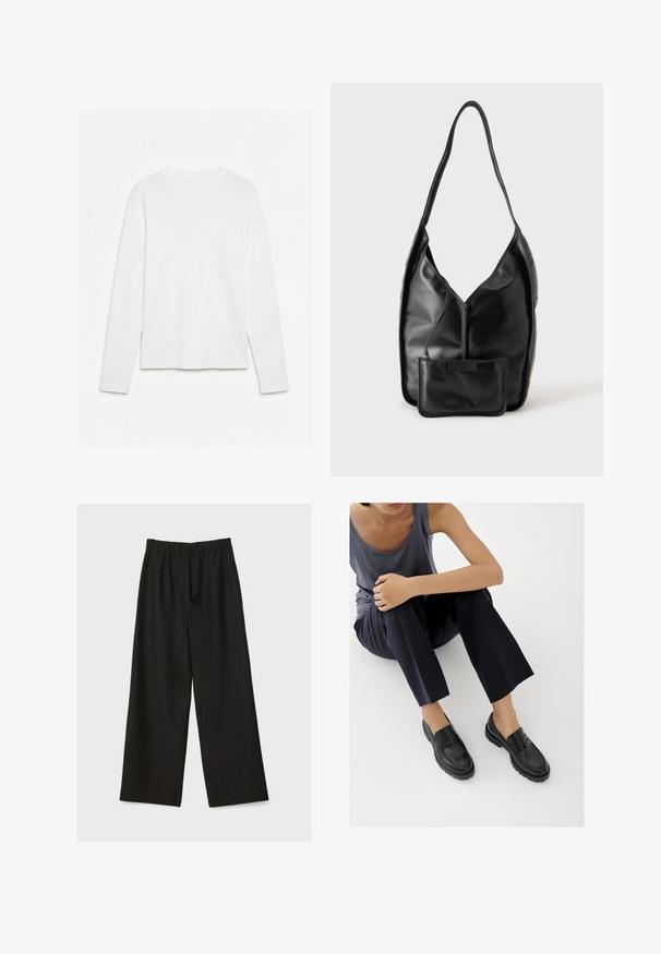 T-shirt blanc uni à manches longues et col rond, posé à plat sur une surface blanche, montrant l'avant et la longueur complète des manches.; Pantalons larges noirs avec taille élastique, présentés à plat sur un fond clair.; Mocassins en cuir noir avec accents texturés, talon bas, bout arrondi, et coutures visibles. Modèle portant un pantalon sombre et un haut gris.; Sac à épaule en cuir noir avec une sangle unique et une petite pochette assortie fixée à l'avant, sur fond uni.