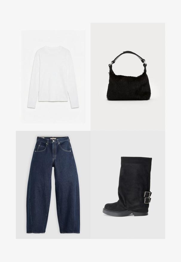 Effen wit, langarmig shirt met ronde hals, plat neerligt op een witte ondergrond, waarbij de voorkant en de volledige mouwlengte zichtbaar zijn.; Donkerblauwe denim jeans met een losse fit, lichte stiksels, vijf zakken en een knoopsluiting op de taille.; Zwarte kniehoge laarzen van suede met een gladde textuur. Voorzien van twee zilveren gespen aan de zijkant en een dikke zwarte zool.; Zwarte neplederen handtas met een zachte textuur, ronde vorm en een stevige zwartleren schouderband. Zilveren hardwareaccenten zichtbaar.