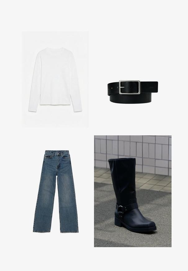 Schlichtes weißes Langarm-T-Shirt mit Rundhalsausschnitt, flach auf einer weißen Oberfläche liegend, Vorderseite und gesamte Ärmellänge sichtbar.; Helleblaue Jeans im weiten Schnitt mit hoher Taille, fünf Taschen und kontrastierendem Nähen. Verwaschungen und leichte Abnutzungserscheinungen auf dem Stoff sichtbar.; Schwarzer Lederstiefel bis zur Mitte der Wade mit niedrigem Blockabsatz und dekorativem Riemen mit Metallschnalle um den Knöchel, auf einem gefliesten Gehweg.; Schwarzer Ledergürtel mit silberner rechteckiger Schnalle und mehreren Verstelllöchern, flach auf weißem Hintergrund liegend.
