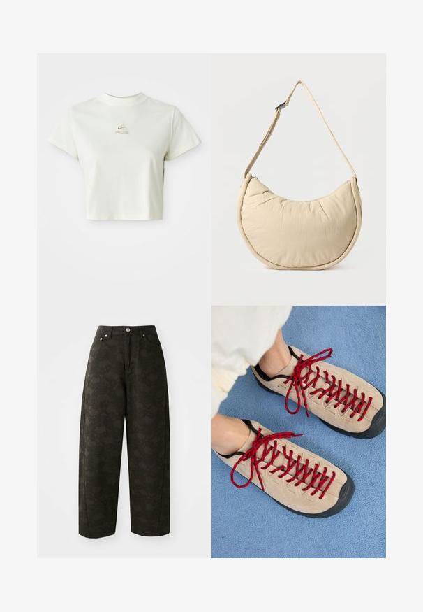 Korte witte cropped t-shirt met een klein beige Nike ACG-logo gecentreerd onder de halslijn; Donkergroene wijde broek met een gestructureerd bloempatroon, vijf zakken en metalen knoopsluitingen in de taille.; Beige schoenen met rode veters, geplaatst op een blauwe, gestructureerde ondergrond, onthullen gedeeltelijk de enkel van een persoon. De schoenen hebben een sportief ontwerp.; Beige schoudertas in halve maanvorm met een zachte, gewatteerde textuur. Voorzien van een verstelbare riem en een ritssluiting langs de bovenkant.