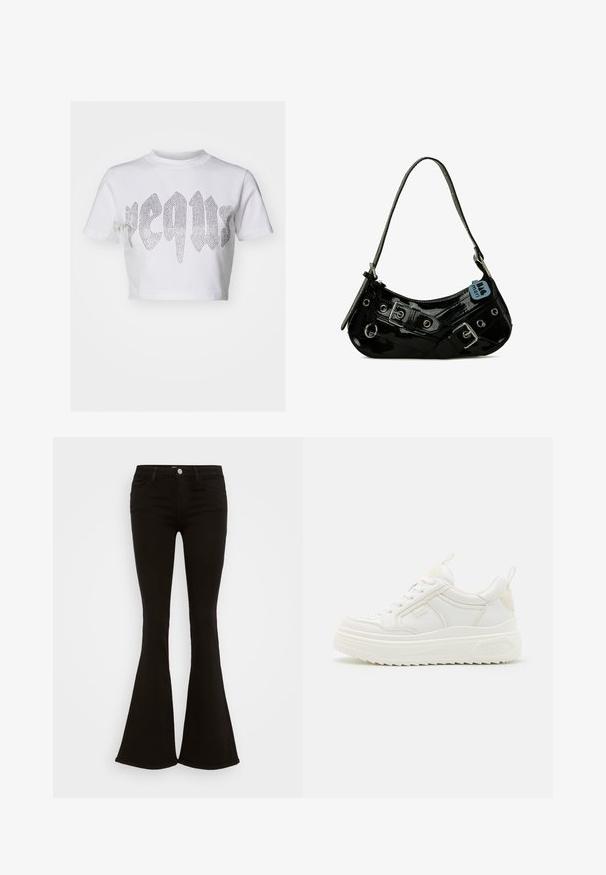 T-shirt cropped blanc en coton avec un design graphique en strass argentés brillants sur le devant, comprenant un texte stylisé. Manches courtes.; Jean flare noir taille haute avec bouton avant, passants de ceinture et cinq poches, affiché sur un fond blanc.; Baskets en cuir blanc avec une semelle épaisse, design à lacets et branding subtil. Présentent une texture lisse et un bout arrondi.; Sac à main en cuir verni noir avec une forme incurvée, présentant des ferrures en argent, des boucles décoratives et une bandoulière courte. Étiquette bleue attachée.