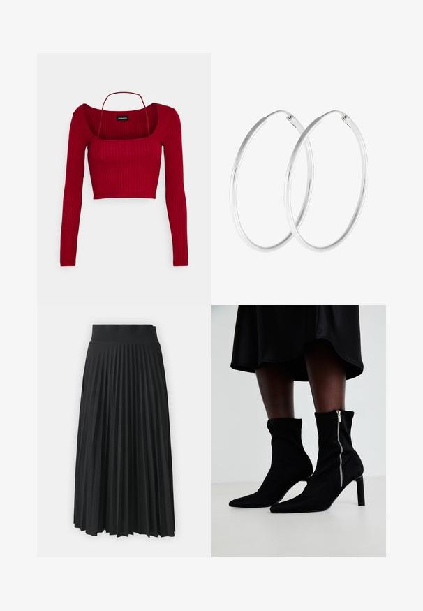 Even&Odd Petite by Zalando Longsleeve - bordeaux; Zwarte geplooide rok met een brede tailleband, gekenmerkt door uniforme verticale plooien. Soepele textuur met een vloeiend ontwerp.; Zwarte enkellaarsjes met een rekbare stoffen bovenkant, een spitse neus en een rits aan de zijkant, geplaatst op een slanke hoge hak.; Zilverkleurige oorringen met een gladde, ronde vorm en een gepolijste afwerking. Beide oorbellen zijn van dezelfde grootte en hebben een veilige sluitmechanisme.