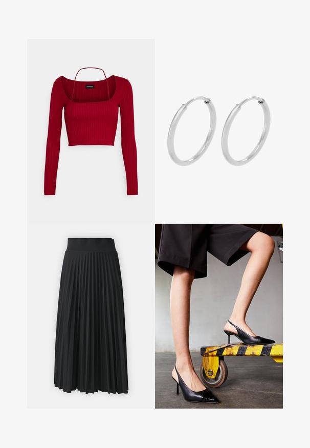 Even&Odd Petite by Zalando Camiseta de manga larga - bordeaux; Falda negra con plisados y una cinturilla ancha, con pliegues verticales uniformes en toda su extensión. Textura suave con un diseño fluido.; Zapatos de tacón negro tipo slingback con puntera afilada, que presentan una tapa de charol brillante. Tacón stiletto, diseño de cuero liso y una silueta minimalista.; Pendientes de aro de plata, forma circular, textura lisa y brillante, y ancho constante en toda su extensión. Diseño minimalista sin acentos adicionales.