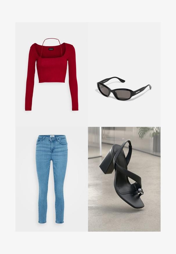 Even&Odd Petite Top s dlhým rukávom - bordeaux; Svetlo modré džínsy skinny s hladkým povrchom, tradičným dizajnom piatich vreciek a zapínaním na gombík. Jednoduchý a klasický strih.; Čierne kožené sandále na vysokom podpätku so širokým pásom, slučkou na prsty a striebornou ozdobou na hladkom svetlosivom pozadí.; Čierne slnečné okuliare s obdĺžnikovým rámom, tmavými šošovkami, hladkým plastovým materiálom a kovovým akcentom na ramene.