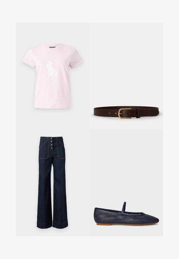 T-shirt rose clair à manches courtes avec un graphique blanc d'un joueur de polo à cheval centré sur le devant.; Pantalons larges en denim foncé à taille haute, fermeture à cinq boutons à l'avant et couture dorée contrastante. Dispose de grandes poches avant.; Chaussure plate bleu marine avec un design découpé en motif losange, bout rond et sangle fine sur le cou-de-pied. Semelle en caoutchouc pour plus de flexibilité.; Ceinture en cuir marron avec boucle en métal doré et bords cousus, posée à plat sur un fond blanc.