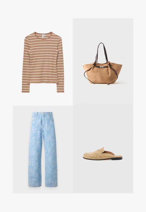 Top de manga larga de punto acanalado con rayas horizontales beige y blancas y cuello redondo.; Mads Nørgaard ART CHRISTEL - Vaqueros boyfriend - light denim; Mocasín beige sin talón de cuero ante con suela negra y detalles con costuras sobre un fondo liso claro.; Bolso tote de ante marrón claro con largas asas de cuero marrón oscuro y detalle decorativo de correa en la parte delantera sobre fondo blanco.