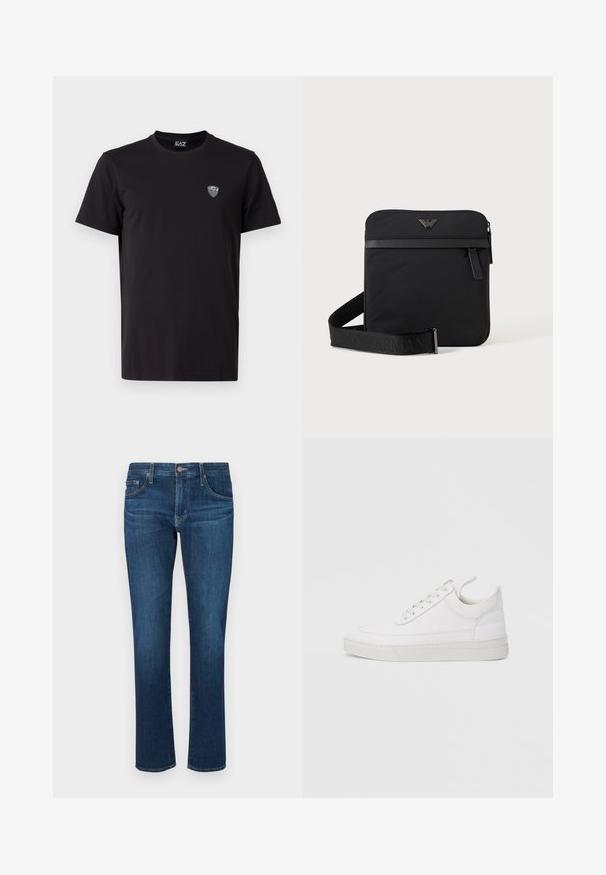 Sort kortærmet t-shirt lavet af glat stof, med et diskret broderet logo på venstre bryst og en klassisk rund halsudskæring.; Mørkeblå denimjeans med lige ben-design, klassisk fem-lomme stil og en knaplukning i taljen. Glat tekstur.; Hvid lædersneaker med rundet tå, flad sål og snørebånd foran. Har syningsdetaljer og polstret krave for komfort.; Sort firkantet skuldertaske med lynlås, frontlomme og justerbar rem med præget brandnavn.