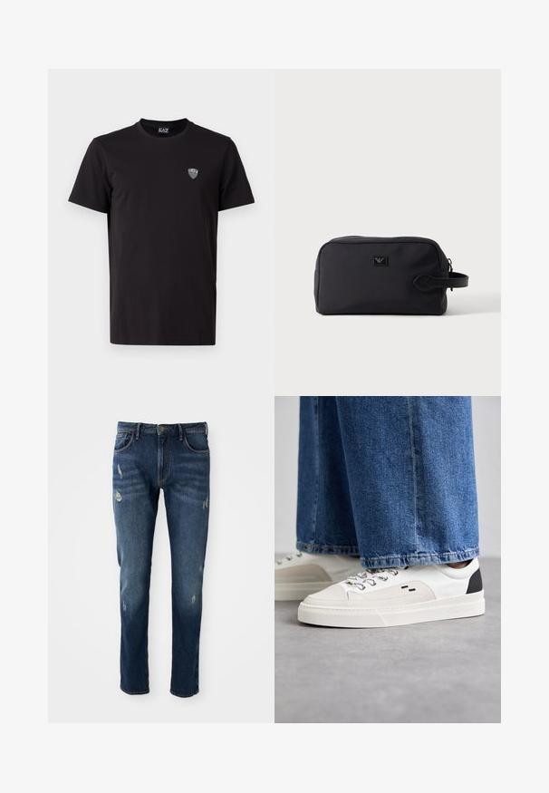 Sort kortærmet t-shirt lavet af glat stof, med et diskret broderet logo på venstre bryst og en klassisk rund halsudskæring.; Mørkeblå denimjeans med slim fit, let slid på lår og knæ, klassisk fem-lomme design og knaplukning.; Hvide og sorte sneakers med en glat læderoverdel, teksturerede detaljer og en kraftig hvid sål. Har et klassisk snørebåndsdesign.; Sort rektangulær toilettaske med lynlås og sidehåndtag, med et lille præget logo foran i midten.