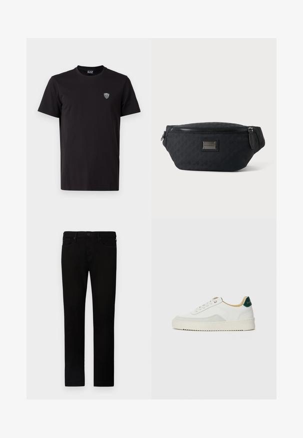 Sort kortærmet t-shirt lavet af glat stof, med et diskret broderet logo på venstre bryst og en klassisk rund halsudskæring.; Sorte denim jeans med lige pasform, der har knaplukning, fem lommer og diskrete syninger. Blød tekstur og glat finish.; Hvide sneakers med ruskindsdetaljer, rund tå, flade snørebånd og en cremet gummisål. Har grøn branding på hælen.; Sort stof talje taske med lynlås foran og lille metal logo plade i midten, vist mod en ensfarvet baggrund.