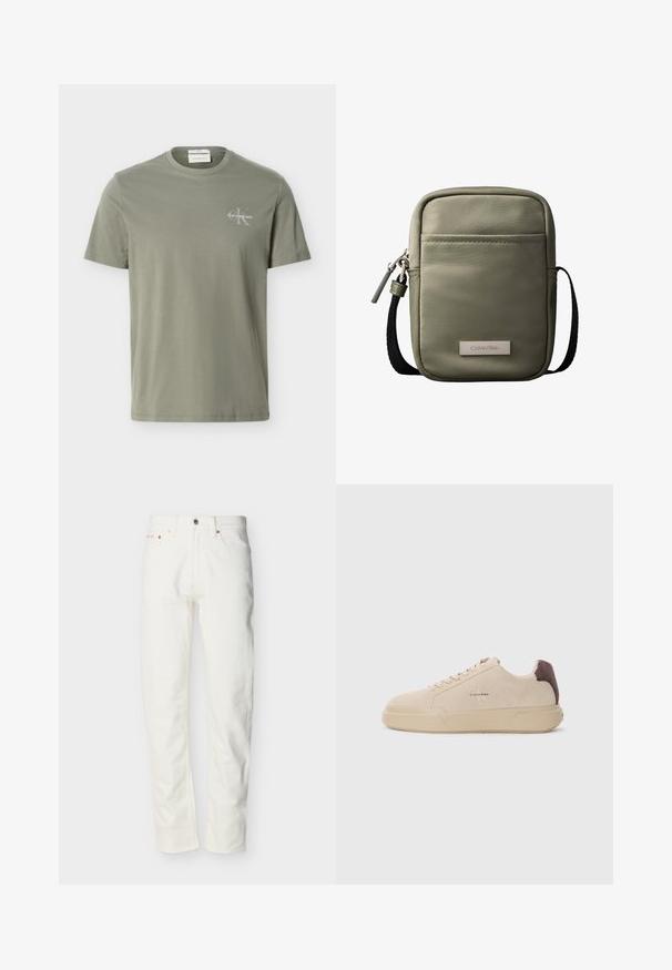 T-shirt vert olive clair à manches courtes avec col rond et petit logo blanc Calvin Klein sur le côté gauche de la poitrine.; Jean en denim blanc pour homme, coupe droite, avec bouton et fermeture éclair à l'avant, passants pour ceinture et design à cinq poches.; Baskets en daim beige avec un bout rond, lacets à l'avant et un accent en daim marron sur le talon. Dotées d'une semelle en caoutchouc texturé.; Sac bandoulière compact vert olive avec poche avant, sangle noire réglable, fermeture zippée et plaque logo Calvin Klein.