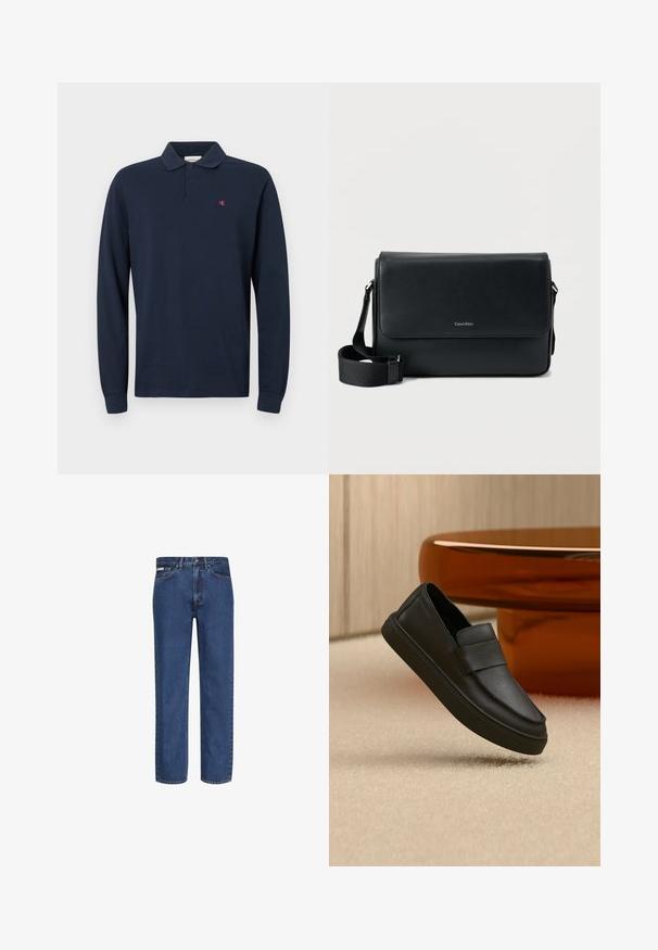 Dunkelblaues Longsleeve-Polohemd mit Kragen, zwei Knöpfen und einem kleinen roten CK-Logo auf der linken Brust. Baumwollstoff.; Blaue Jeans mit geradem Bein aus Denim, mit fünf Taschen, einem Knopf- und Reißverschluss sowie dezenter Verblassung am Stoff.; Schwarzer Leder-Pantoffel mit einem Riemen über dem Obermaterial, positioniert auf einem beigen Teppich und neben einem braunen runden Tisch.; Schwarze Leder-Umhängetasche mit strukturierter Oberfläche, verstellbarem Riemen und einer Vorderklappe mit dezentem Logo. Kompakte und rechteckige Form.