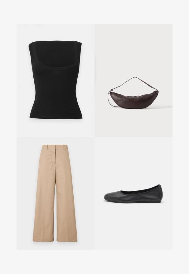 Top negro sin mangas ajustado con un escote cuadrado amplio y tela lisa, mostrado sobre un fondo claro y sencillo.; Pantalones de pierna ancha en color beige, confeccionados con una suave tela de algodón, que cuentan con una cintura entallada y un frente liso, diseñados para un ajuste relajado y líneas limpias.; Bailarina de piel negra con punta redondeada, textura suave, detalle de costura minimalista y diseño de suela flexible.; Bolso de hombro de cuero marrón oscuro en forma de media luna con una correa curva y costuras visibles sobre un fondo liso.