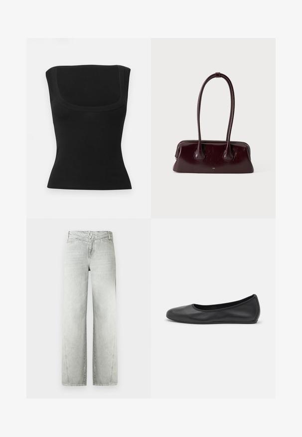 Haut noir ajusté sans manches avec un large décolleté carré et un tissu lisse, présenté sur un fond clair uni.; Jeans gris clair à jambes larges en denim, avec une taille haute, un design cinq poches et une fermeture par bouton. Texture lisse avec une finition délavée.; Ballerines en cuir noir avec un bout rond, texture lisse, détails de couture minimalistes et design de semelle flexible.; Sac à main en cuir brun foncé brillant avec de longues anses fines et une base rectangulaire structurée sur un fond clair uni.