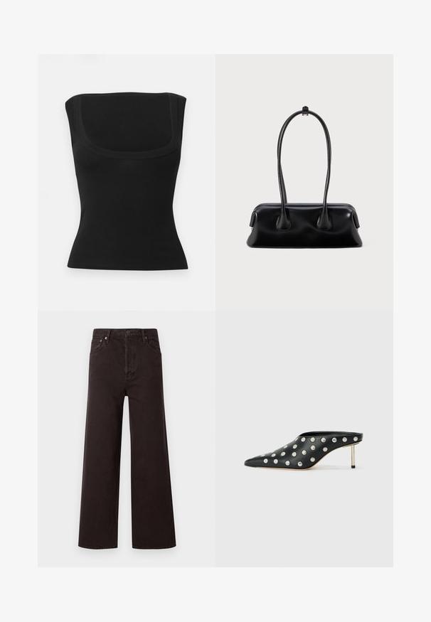 Haut noir ajusté sans manches avec un large décolleté carré et un tissu lisse, présenté sur un fond clair uni.; Jean noir à jambes larges avec taille haute, fabriqué en denim. Dispose de cinq poches et d'une fermeture à bouton en métal, texture lisse et design classique.; STAND STUDIO KELSEY - Mules à talons - black; Sac à main en cuir noir avec deux poignées allongées, une texture lisse et une base arrondie, ornée d'accents décoratifs sur les côtés.