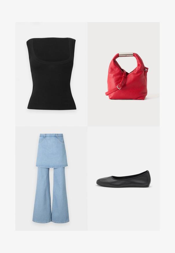 Schwarzes ärmelloses eng anliegendes Top mit weit ausgeschnittenem quadratischem Ausschnitt und glattem Stoff, dargestellt vor einem schlichten hellen Hintergrund.; Hybrid aus Jeansrock und Hose, aus hellblauem Stoff mit ausgestellten Beinen und sichtbaren Steppnähten. Mit vorderen Taschen und einem Bund gestaltet.; Schwarze Leder-Ballettschuhe mit abgerundeter Spitze, glatter Textur, minimalen Nähdetails und einem flexiblen Sohlen-Design.; Rote strukturierte Lederhandtasche mit einem Metallbügelgriff und verstellbarem Riemen, dargestellt auf einem schlichten weißen Hintergrund.