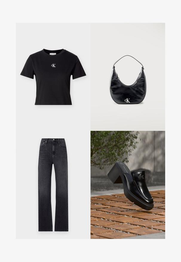 Sort bomuldskortærmet T-shirt med rund hals og hvidt "cK"-logo på brystet. Designet er enkelt med en kort, tætsiddende pasform.; Sorte lige jeans lavet af denim, med høj talje, fem lommer og en lynlås i front med knaplukning. Let slidte vaske.; Sort læder Calvin Klein slip-on mule med blokhæl, der hviler på trætøj udendørs nær en grøn plante og en grå væg.; Sort lædertaske i halvmåneform med kort strop og sølvfarvet "cK"-logo foran, lynlåslukning i toppen.